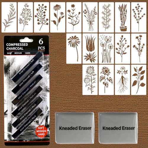 26 pcsPainting Set for Beginners and Artists, 18 Pieces Stencils, 6 PCS Compressed Charcoal Sticks, 2 Pack Kneaded Rubber Erasers Large Size, DIY Drawing Paint Back to School