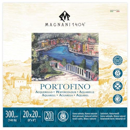 Magnani 1404 Portofino Hot Press 100% Cotton Watercolor Paper Pad, 20 Sheets, 8x8, 140 lb, Acid-Free, UV Resistant, pH-Neutral, Vegan Sized Water Color Paper for Artists, Made in Italy - size: 8x8" Pad