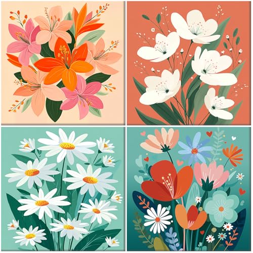MAXBYE 4 Pack Paint by Numbers Kit for Kids, Easy Flower Color by Number Kids 8-12 with Pre-Drawn Canvas Boards, DIY Easy Canvas Oil Painting Kits for Beginners Children Home Wall Decor 8x8 in - color: BK4ZH056