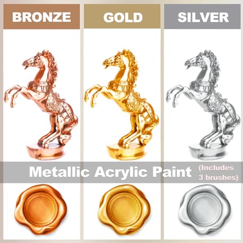 Wadities Acrylic Paint Metallic, 3pcs 13.5oz(375g) Gold & Silver & Bronze, Gold Leaf Paint for Art Painting, Ideal for Canvas, Wood, Clay, Fabric, Ceramic, Stone, Glass Craft Supplies