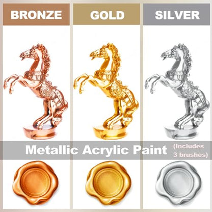 Wadities Acrylic Paint Metallic, 3pcs 13.5oz(375g) Gold & Silver & Bronze, Gold Leaf Paint for Art Painting, Ideal for Canvas, Wood, Clay, Fabric, Ceramic, Stone, Glass Craft Supplies