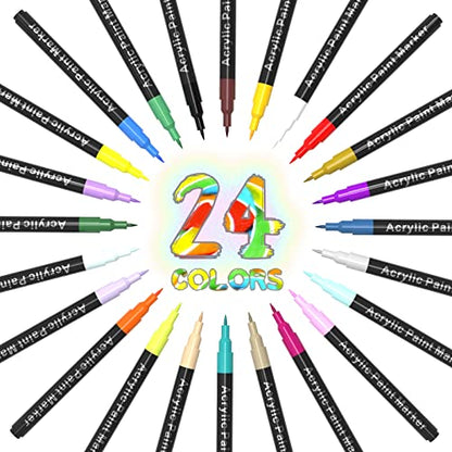 Acrylic Paint Pens for Rock Painting - Set of 24 Extra Fine Point Non-Toxic Paint Markers for Stone, Ceramic, Glass, Wood, Canvas, Fabrics DIY Crafts