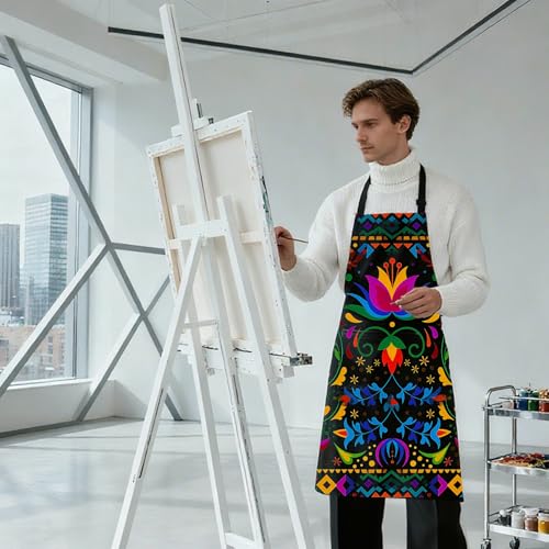 Mexican Floral Apron with 2 Pockets, Adjustable Apron for Cooking Baking BBQ Painting, Gifts for Women Men - color: Black-hua