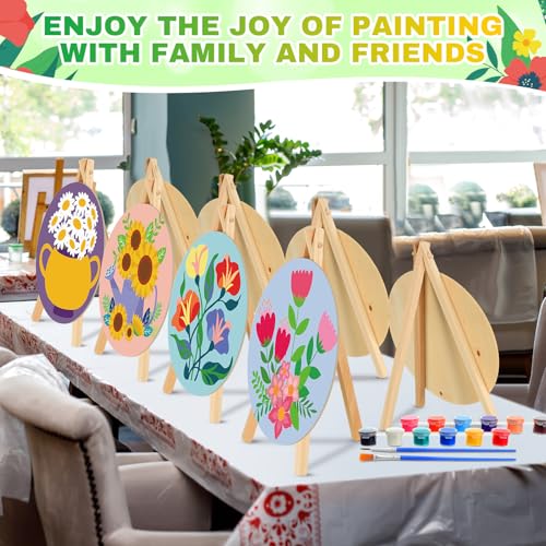 Supervitae 72 Piece Spring Floral 5.9" Round Pre Drawn Canvas Kit Spring Paint and Sip Kit with Pictures Paints Easels Brushes for Kids Adults DIY Painting Holiday Easter Party Gifts - size: 5.9", style: Flower