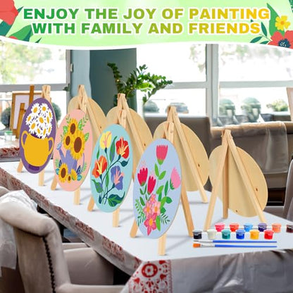 Supervitae 72 Piece Spring Floral 5.9" Round Pre Drawn Canvas Kit Spring Paint and Sip Kit with Pictures Paints Easels Brushes for Kids Adults DIY Painting Holiday Easter Party Gifts - size: 5.9", style: Flower