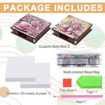 JISHSHAY 2 PCS Diamond Art Note Box Flower Diamond Painting Note Pad Holder Tea Cup Gem Painting Gem Art Memo Boxes Mosaic Kits for Adults Embroidery Kit Memo Pad Holder, Contains 120 Sheets of Paper - color: Flower 1