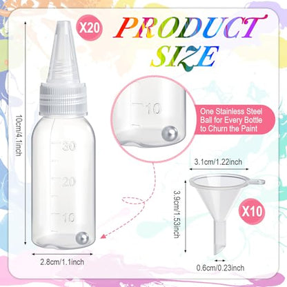 20 Pcs Airbrush Paint Bottles Jars 1oz/30ml Plastic Paint Containers of Acrylic Storage with Mixing Ball and 10 Pcs Funnel Bottle Mixer Resealable Squeeze Bottles for Storing Arts Liquids