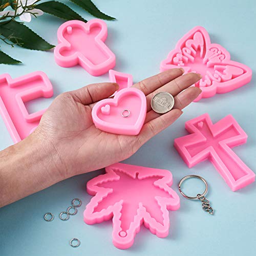 Craftdady 7pcs Key Chain Pendant Silicone Molds Maple Leaf Butterfly Ribbon Heart Cross Cactus Resin Casting Molds with Key Rings Jump Rings for Keychain Jewelry Craft Making - color: Pink