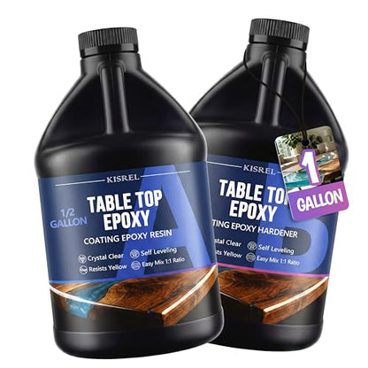 KISREL Table Top Epoxy Resin Kit 1 Gallon (1:1 ratio) - Crystal Clear Epoxy with High Gloss, UV-Resistance & Self Leveling for Bar and Table Top, Wood Coating, Resin Art, Use with Pigment, Alcohol Ink - size: 128 Ounce (Pack of 1)