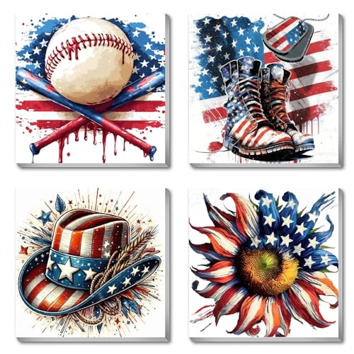 Canrichshop 4 Pack Framed Independence Day Paint by Numbers Kit for Adults,4 of July Patriotic Adult Paint-by-Number Kits on Canvas, DIY Oil Number Painting for Home Decor 8 x 8 inch - color: BKH2275+BKH2276+BKH2277+BKH2278