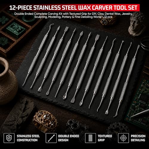 Rahish Tools Stainless Steel Wax Carver Tool Set, Double Ended Complete Carving Kit with Textured Grip for DIY, Clay, Dental Wax, Jewelry, Sculpting, Modeling, Pottery & Fine Detailing Works - 12 pcs