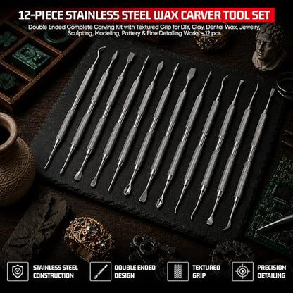 Rahish Tools Stainless Steel Wax Carver Tool Set, Double Ended Complete Carving Kit with Textured Grip for DIY, Clay, Dental Wax, Jewelry, Sculpting, Modeling, Pottery & Fine Detailing Works - 12 pcs