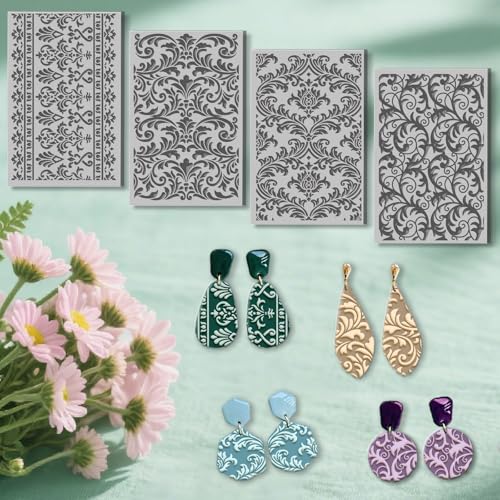 4 Pcs Retro Victorian Textures Pattern Polymer Clay Texture Sheet Ornamental Rubber Clay Texture Mat for Polymer Clays Making Earrings Jewelry DIY Crafts, 4 × 2.5 Inch - style: Retro Victorian