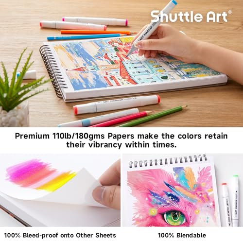 Shuttle Art Marker Pad, 12”x9” Portable Sketchbook, 70 Sheets Marker Drawing Paper, 110LB/180GSM Smooth Surface Bleedproof Art Paper, Spiral-Bound, Great for Artists to Draw, Paint & Sketch - size: 12x9 inch