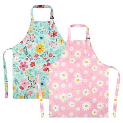 2 Pack Kids Apron, Cute Cooking Aprons, Waterproof Art Apron with Pockets, Toddler Painting Artist Apron Adjustable - color: Daisies and Flowers, size: 45*62cm