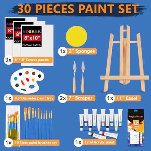 ACKASK Painting Kits for Adults Kids,Acrylic Paint Canvas Easel Set,30 Pcs Drawing Painting Supplies Art Kit,12 Paints,10 Painting Brushes,Palettes Etc,Art Set Art Supplies for Kids Adults Artists - style: 30 PCS Painting Kits