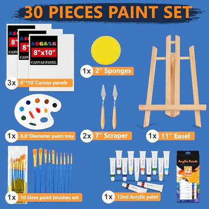 ACKASK Painting Kits for Adults Kids,Acrylic Paint Canvas Easel Set,30 Pcs Drawing Painting Supplies Art Kit,12 Paints,10 Painting Brushes,Palettes Etc,Art Set Art Supplies for Kids Adults Artists - style: 30 PCS Painting Kits