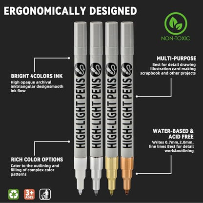 Highlight Pens 12 Pack, White Ink Pens Set with Metallic Silver Gold Bronze, Fine & Brush Tip Paint Pens for Black Paper, Card Making, Rock Painting, Glass, DIY Crafts