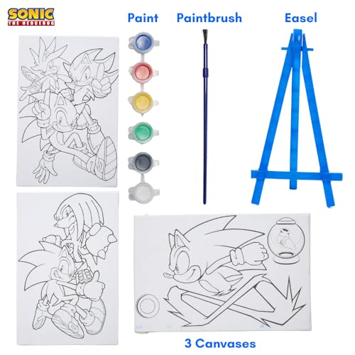 Sonic the Hedgehog Canvas Paint Set with 3 Canvases, Paint & Easel for Kids | 3 Preprinted Canvases, 6 Acrylic Paints, Paintbrush & Easel, DIY Sonic Coloring, Wall Art, Arts & Crafts Activity for Kids - color: Sonic