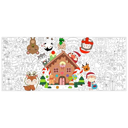 Dvbonike Jumbo Christmas Coloring Poster with Gingerbread House Santa Giant Xmas Color-in Paper Poster DIY Blank Doodle Art Banner 55.1 x 23.6 inch Decor, Home School Activity Party Supplies for Kids - style: Xmas