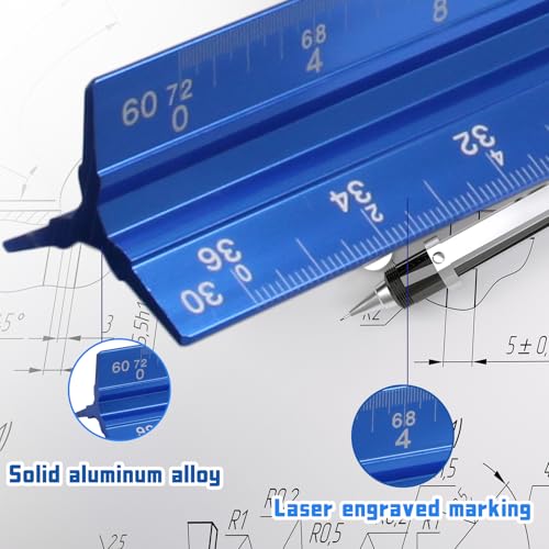 Biaungdo 3 Pack Architectural and Engineer Scale Ruler Set, 12 Inch Aluminum Triangular Drafting Tool, Laser-Etched Architect Scales Ruler for Draftsman, Standard Metal Ruler Included, Blue