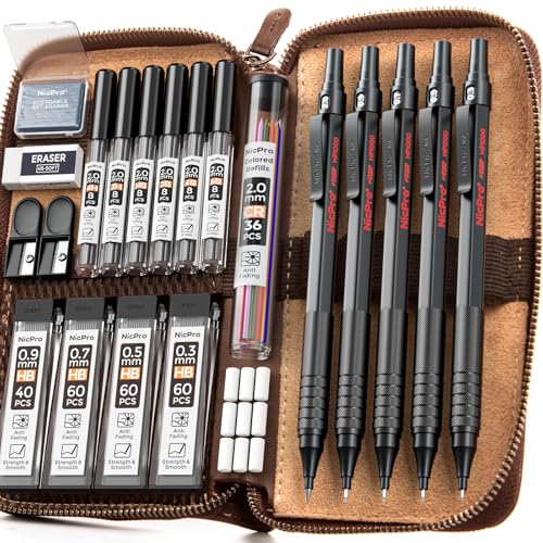 Nicpro 20PCS Black Metal Mechanical Pencil Set in Leather Case, Drafting Pencil 0.3, 0.5, 0.7, 0.9 mm & 2mm Lead Holders, 9 Tube (4B 2B HB 2H Colors) Lead Refills, Erasers For Art Sketching Drawing - color: Black, size: 20pcs
