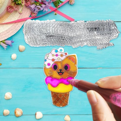 Ayhuhra 30 Sets Summer Suncatcher Craft Kits Glow in the Dark DIY Window Paint Art Sun Catcher Kits for Home Party Activities Art Project - style: Summer