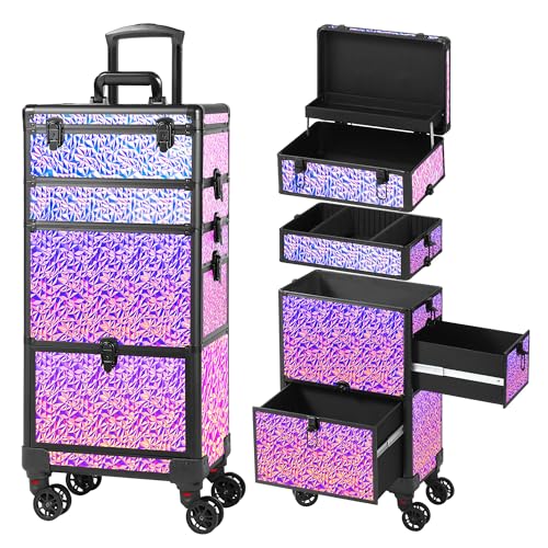 Rolling Makeup Case with Large Drawer, Makeup Train Case with Tray, Cosmetology Case on Wheels, Travel Makeup Case Organizers, Professional for Salon Barber, Nail, Tattoo, Multicolor Purple - color: Black Colourful, style: No Mirror