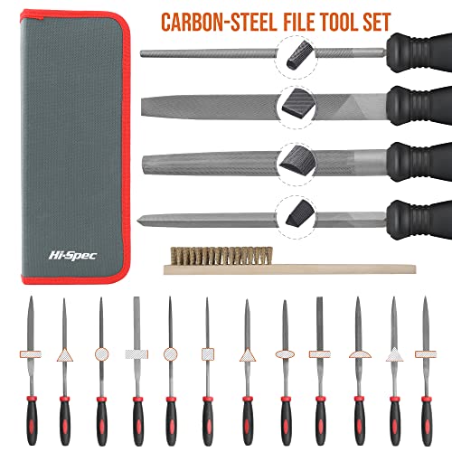 Hi-Spec 17 Piece Metal Hand & Needle File Tool Kit Set. Large & Small Mini T12 Carbon Steel Flat, Half-Round, Round & Triangle Files. Complete in a Zipper Case with a Brush - size: 17 pieces