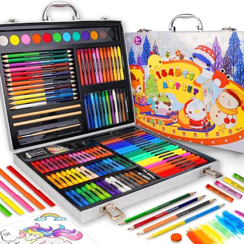 Okiki Art Supplies Kit for Boys & Girls Ages 5-12, 184-Pack Silver Art Case Coloring Set, Drawing Kits with Gift Box, Arts Set for Kids, Crayons, Pastels, Double-ended Colored Pencils, Sketch Paper - color: Silver