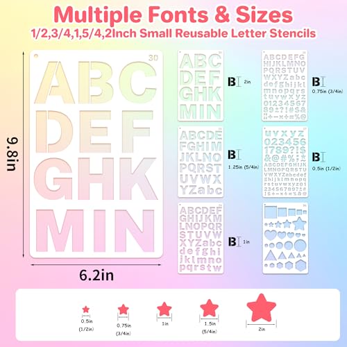 36Pcs Letter Stencils for Painting 1/2,3/4,1,5/4,2Inch Small Reusable Plastic Letter Geometric Alphabet and Number Templates for Scrapbooking Walls Art Projects Notebook Journal Home Decor Custom Sign