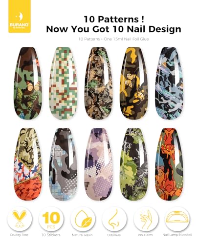 BURANO Nail Art Nail Foil Glue Gel, o.5 oz with 10PCS Foil Stickers Set Nail Foil Glue for Nails Foil Transfer Gel, Nail Design DIY UV LED Lamp Required (Color 19) - color: Color 19