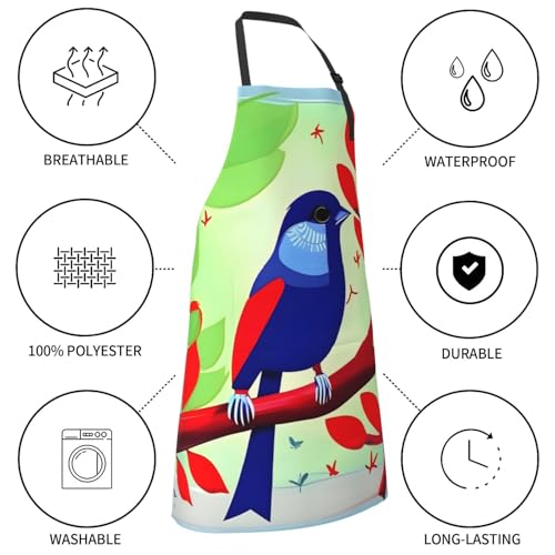 Round watercolor painting Heavy Duty Waterproof Apron with Pockets for AdultsResistant Grilling, Gardening, Painting - color: Red Leaf Bird