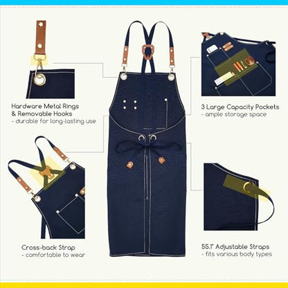 MEEDEN Painting Apron for Men Women: Adjustable Cross Back Waterproof Polyester Canvas Art Apron with 3 Pockets - Artist Apron for Acrylic Oil & Watercolor Painting, Gardening, Cooking - Navy - color: Navy