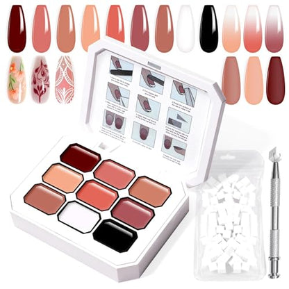 9 Colors Pat Painting Nail Gel Sponge Set,Hema＆TPO Free,6-in-1 Gradient Ombre Paint Nails Gel Palette for Blooming,Nail Color,Liner Gel,French Nail,Chrome Powder,No Wipe,DIY Nail Art(E) - color: Terracotta Blush Set