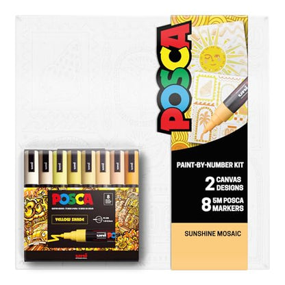 POSCA Canvas Paint by Number Kit, Sunshine Mosaic - 8 Markers with 2 Pre-Drawn Canvases - for All Artists and Holiday Gifting - color: Sunshine Mosaic