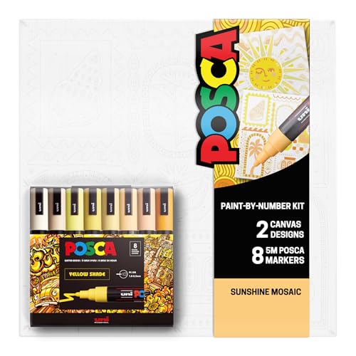 POSCA Canvas Paint by Number Kit, Sunshine Mosaic - 8 Markers with 2 Pre-Drawn Canvases - for All Artists and Holiday Gifting - color: Sunshine Mosaic