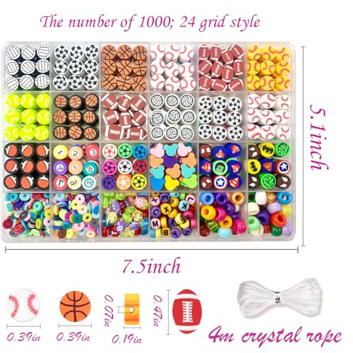 1000PCS Polymer Clay Beads for Bracelet Making, 24 Style Sports Charms incl. Baseball Basketball Soccer Football Rugby Volleyball, DIY Jewelry Making Supplies Kit - color: C+Style