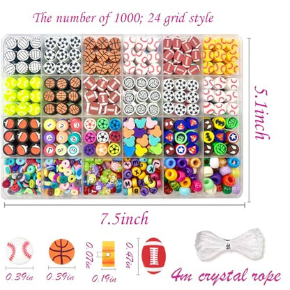 1000PCS Polymer Clay Beads for Bracelet Making, 24 Style Sports Charms incl. Baseball Basketball Soccer Football Rugby Volleyball, DIY Jewelry Making Supplies Kit - color: C+Style
