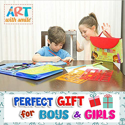 Drawing Stencils Set for Kids (55 Piece) - Arts and Crafts Set for Girls & Boys - Christmas & Birthday Gifts for Kids 4 5 6 7 8 9+ Year Old - Ideal Creativity Kit & Travel Activity with 300+ Shapes - color: Blue