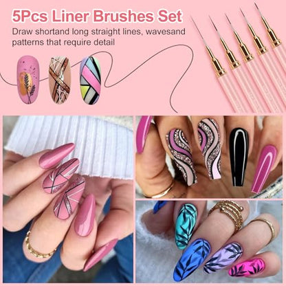 MUIIGOOD Nail Art Liner Brushes, 5Pcs Liner Brush For Nails, Painting Nail Art Brush Set Dotting Drawing Tool for Long Lines, Thin Details, UV Gel Polish Painting, Fine Drawing 7/9/11/15/25mm(Pink) - color: Pink