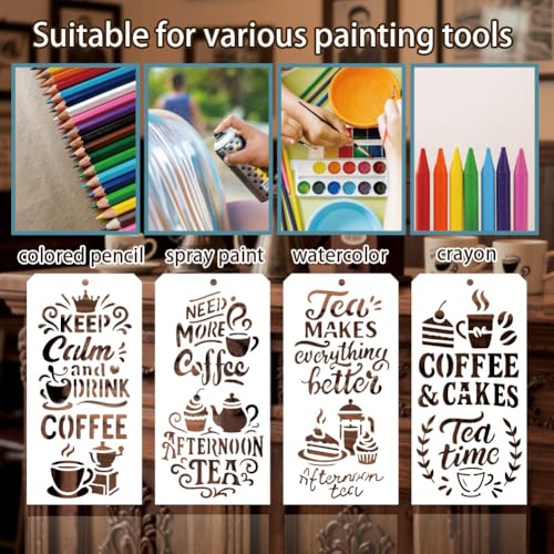 12 Sheets Stencils for Painting, 12 Styles Coffee Afternoon Tea Designs Drawing Templates Reusable Art Stencil for Hand Forearm Painting on Wall Wood Home Decor - style: Coffee