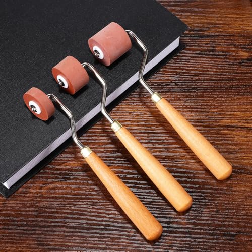 BESTYASH Rubber Roller Set Printing Tool for Printmaking 3pcs with Three Different Widths, Smooth Rolling Handle Made of Wood and Stainless Steel for Craft Stamping and Artistic Projects