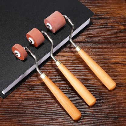 BESTYASH Rubber Roller Set Printing Tool for Printmaking 3pcs with Three Different Widths, Smooth Rolling Handle Made of Wood and Stainless Steel for Craft Stamping and Artistic Projects