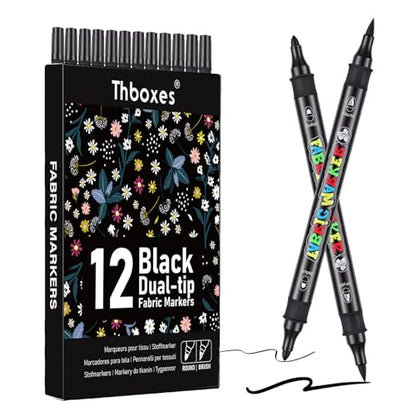 Thboxes Black Fabric Markers, 12 Pack Permanent Markers for Clothes Dual Tip Brush & Fine 1-5mm, Quick Dry Fabric Pen for T-Shirts Hats Tote Bags Canvas Shoes Sneakers