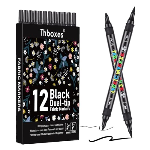 Thboxes Black Fabric Markers, 12 Pack Permanent Markers for Clothes Dual Tip Brush & Fine 1-5mm, Quick Dry Fabric Pen for T-Shirts Hats Tote Bags Canvas Shoes Sneakers