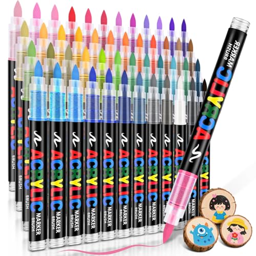 48 Colors Acrylic Paint Markers Brush Tip, Water-Based Acrylic Colored Paint Pens No-Bleed Coloring Markers with Direct-Liquid Ink Control, Waterproof Acrylic Paint Pens for Rock Painting, Wood - color: 48 Colors