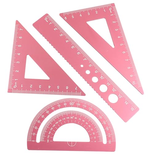 4 Pcs Triangular Ruler Set, Aluminum Alloy Geometry Tools, Metal Drafting Ruler for Students, Draftsmen, Engineers, School Office Supplies with Protractor & Metric Scales (Pink) - color: Pink