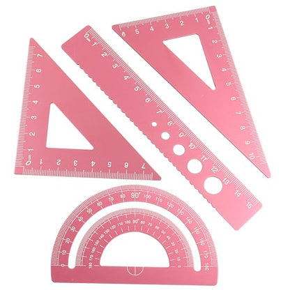 4 Pcs Triangular Ruler Set, Aluminum Alloy Geometry Tools, Metal Drafting Ruler for Students, Draftsmen, Engineers, School Office Supplies with Protractor & Metric Scales (Pink) - color: Pink