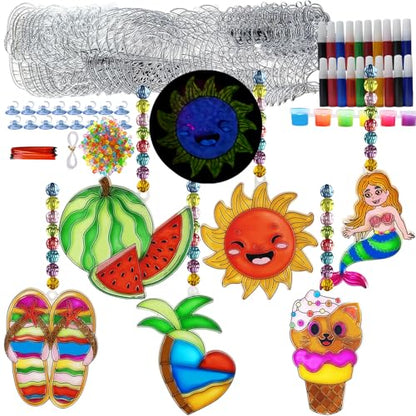 Ayhuhra 30 Sets Summer Suncatcher Craft Kits Glow in the Dark DIY Window Paint Art Sun Catcher Kits for Home Party Activities Art Project - style: Summer